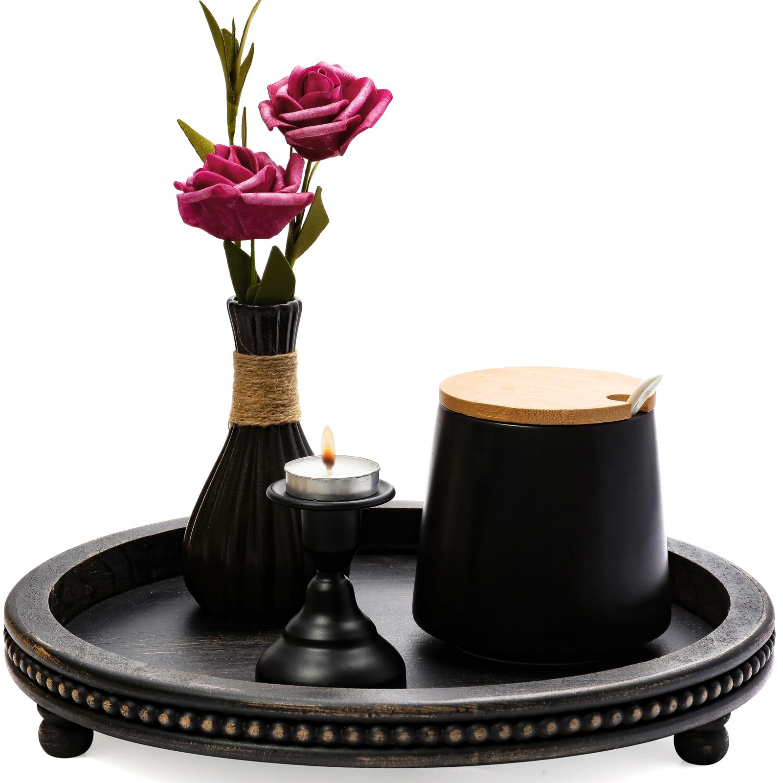 KULEDM Black Round Wooden Tray with Beaded Design - Decorative Coffee Table Tray for Living Room, Dining Table & Entryway | Perfect for Serving Drinks, Displaying Decor & Organizing Essentials