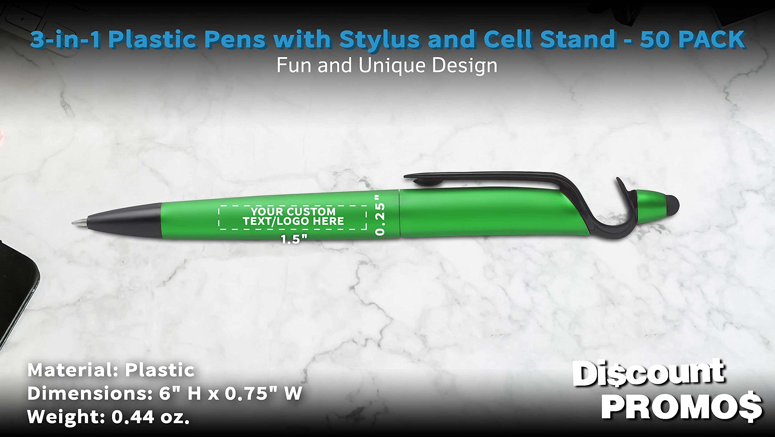 3-in-1 Multi-Function Plastic Pens with Stylus & Phone Stand - Custom Text & Logo Printing - Ballpoint Black Ink Pens (50-Pack) - Perfect for Office, School & Business Promotions