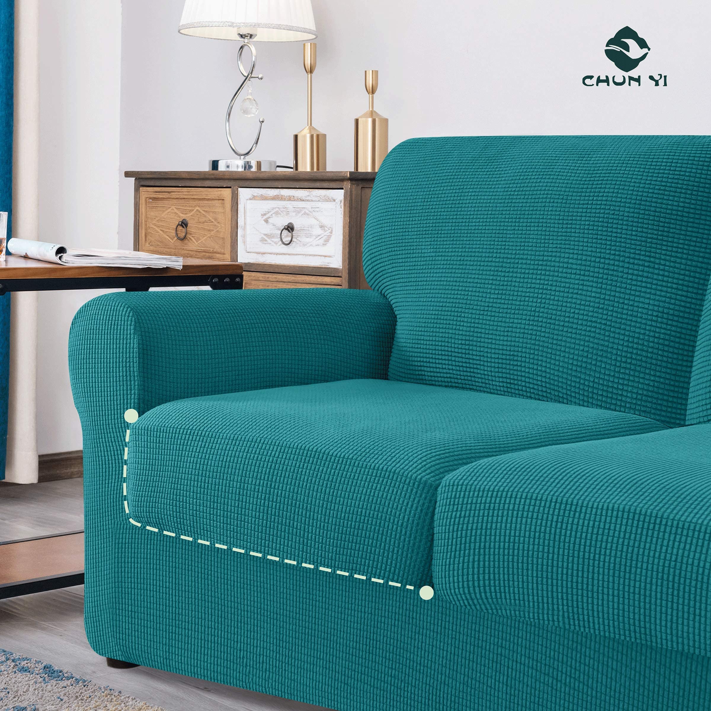 CHUN YI Loveseat Sofa Cover Set - Large Couch Slipcover with Detachable Backrests & Cushions, Stretchable Jacquard Fabric in Teal Check Pattern | Perfect for Living Room, Bedroom & Home Decor Protection