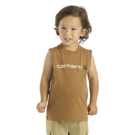 Carhartt Youth Boys Sleeveless Graphic Logo T-Shirt - Brown Heather Cotton Tee for Summer Sports & Outdoor Activities