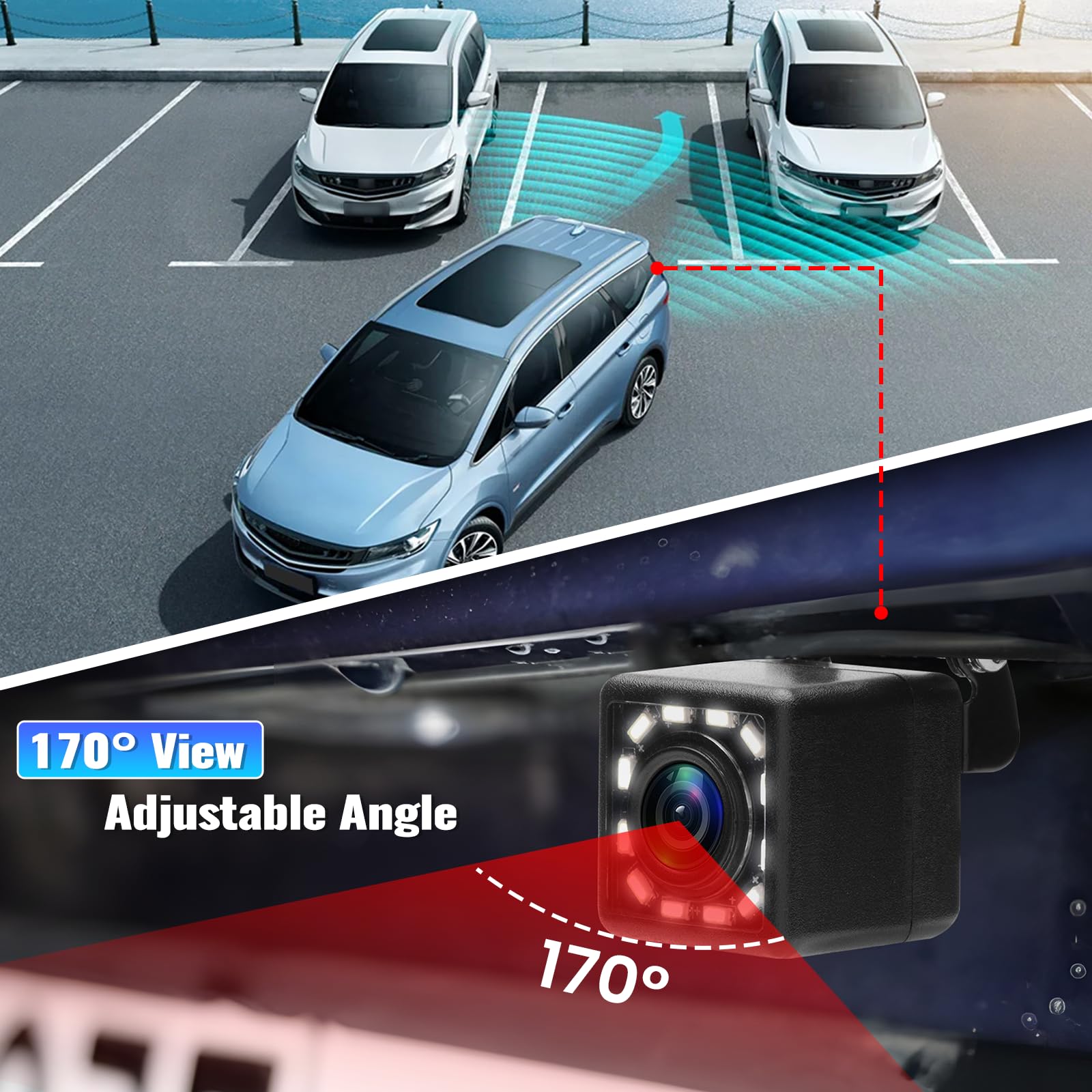 12-24V Car Backup Camera with 170° Wide Angle & 12 LED Night Vision - Waterproof Rear View Reverse Camera for Cars, SUVs, Trucks, RVs - Perfect for Safe Parking & Night Driving
