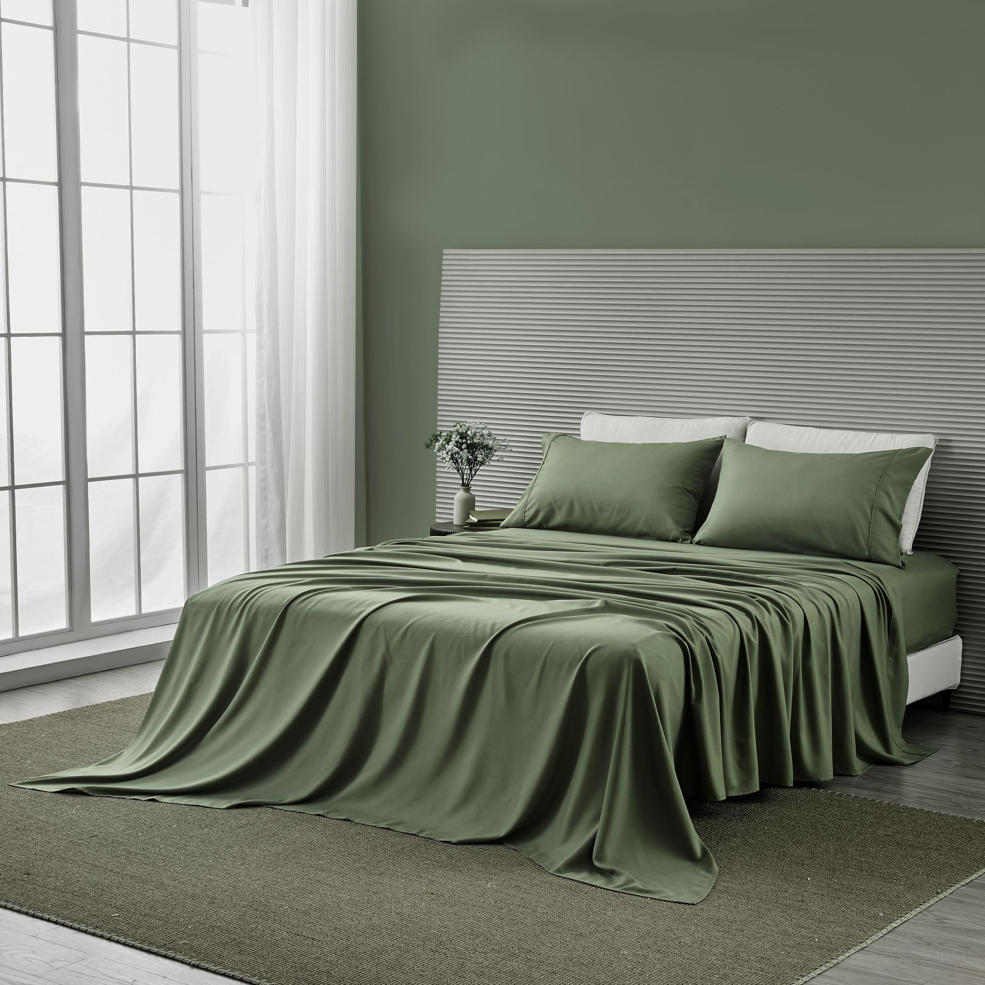 3 Piece Twin Bed Sheet Set - Silky Soft Bamboo Rayon Blend Cooling Sheets | Wrinkle Resistant & Breathable for Hot Sleepers | Perfect for Summer Nights & Guest Rooms (Moss Green)