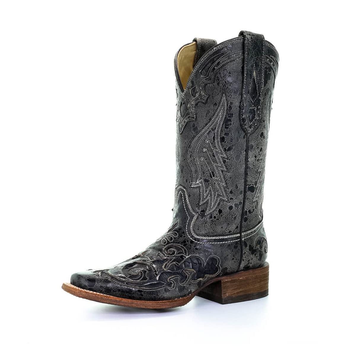 CORRAL Women's A2402 Black Snake Inlay Pull-On Square Toe Leather Western Cowgirl Boots - Stylish & Comfortable for Country Dancing, Rodeos & Western Fashion
