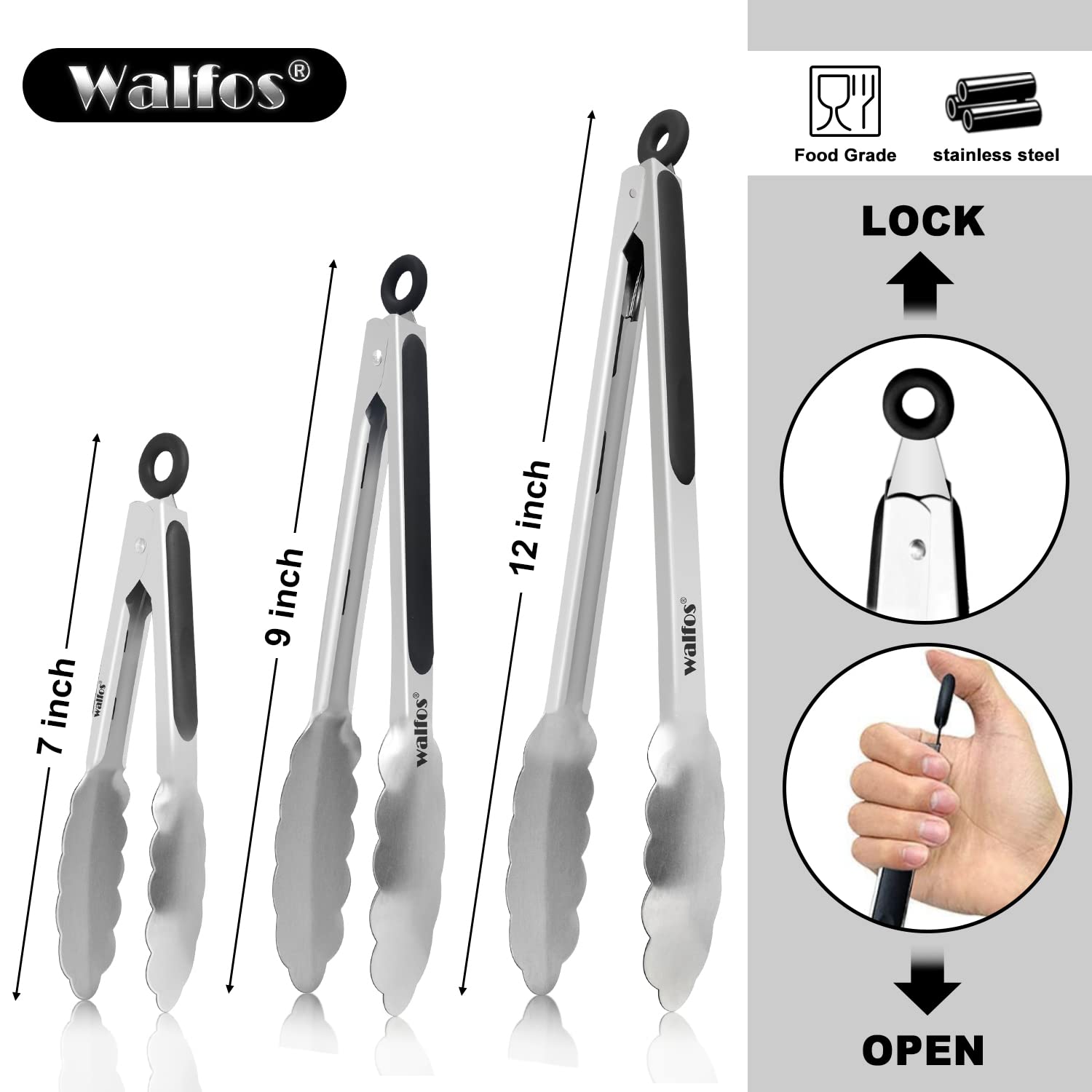 Premium Food Grade Stainless Steel Kitchen Tongs Set - 7, 9 & 12 Inch Heavy Duty Locking Cooking Tongs with Non-Slip Grip for BBQ, Grilling, Salad Serving & Baking (Set of 3)