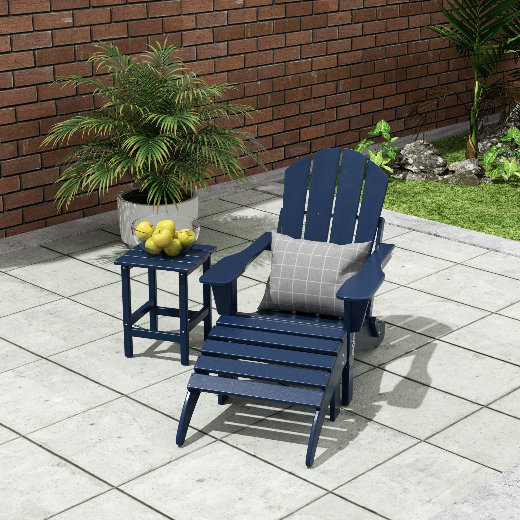Premium 3-Piece HDPE Poly Adirondack Chair Set with Ottoman & Side Table - All-Weather, UV-Resistant Outdoor Furniture for Patio, Backyard, Garden (Navy Blue) - Perfect for Relaxing, Entertaining, and Enjoying Outdoor Living Spaces