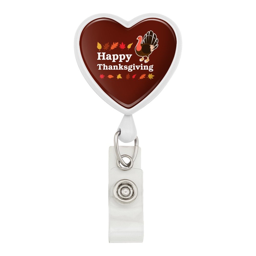 Happy Thanksgiving Turkey Heart Lanyard Retractable Reel Badge ID Card Holder - White | Perfect for Office, School, Events & Holiday Parties