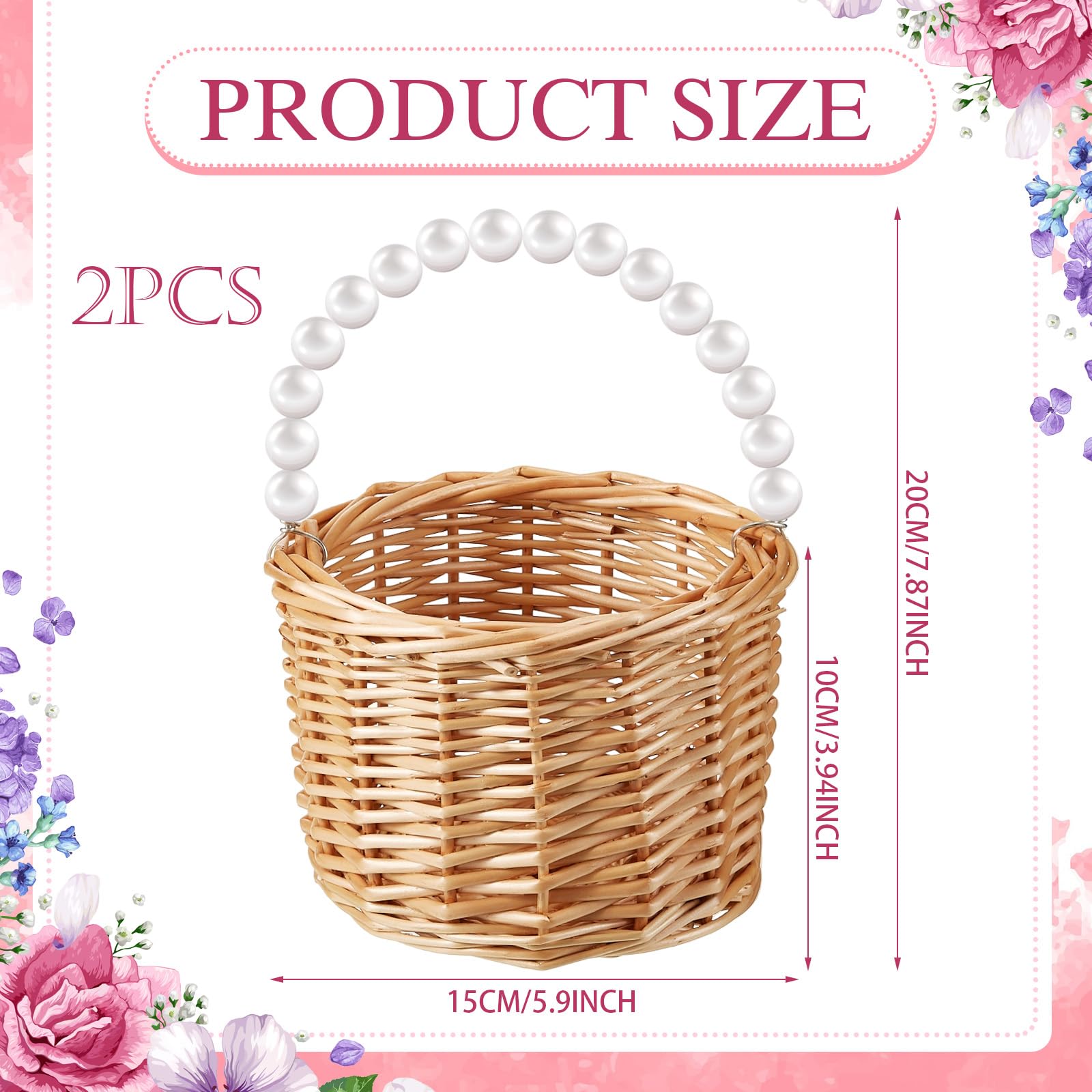 Soaoo Set of 2 Wicker Rattan Flower Girl Baskets with Pearl Handles - Elegant Woven Storage Baskets for Wedding, Home Decor, Garden Party, Valentines Day - Perfect for Candy, Eggs, and Decorative Display