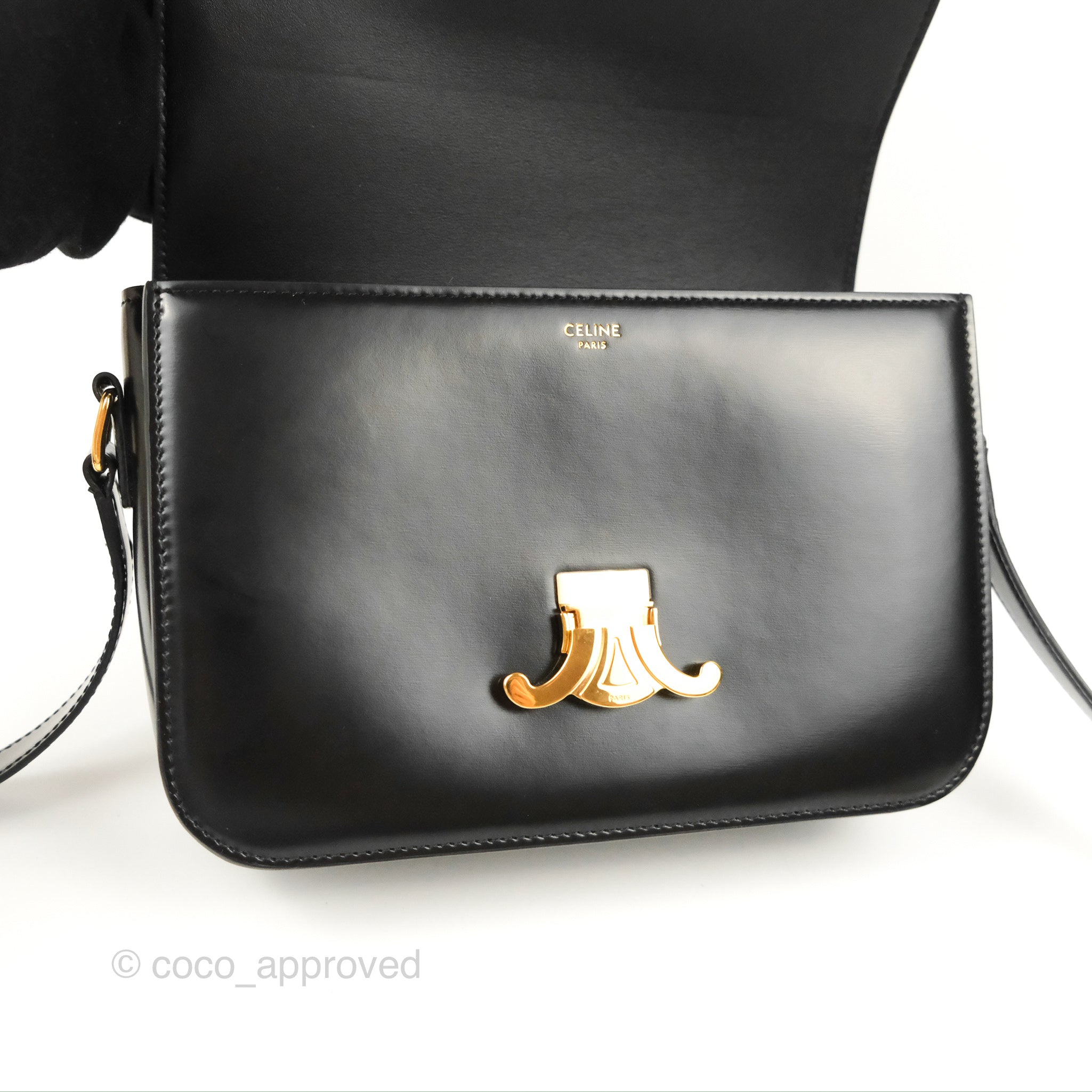 Celine Medium Triomphe Bag in Black Shiny Calfskin Leather - Luxury Handbag for Women, Perfect for Work, Travel & Evening Events
