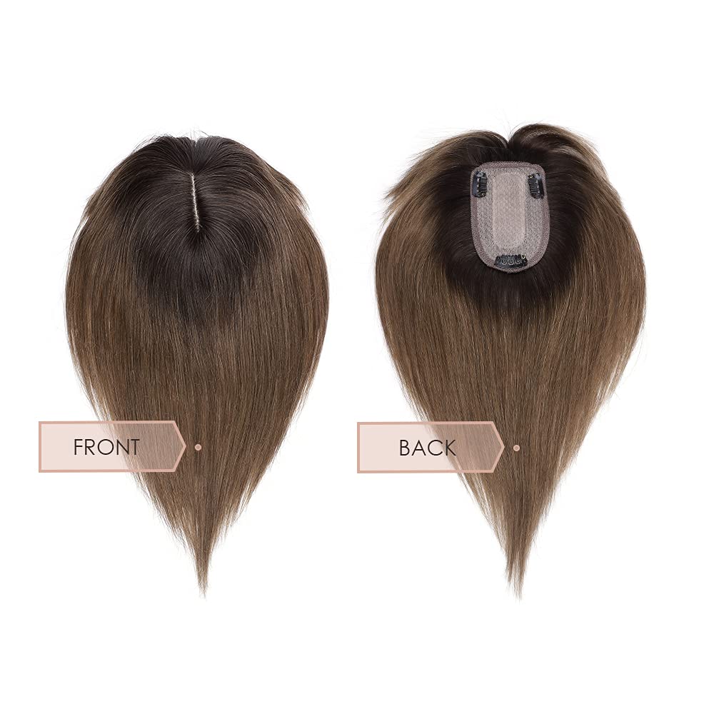 MY-LADY Human Hair Toppers for Women - 150% Density Remy Hair Silk Base Clip-in Hairpiece (7x13cm) with Bangs - Straight 12