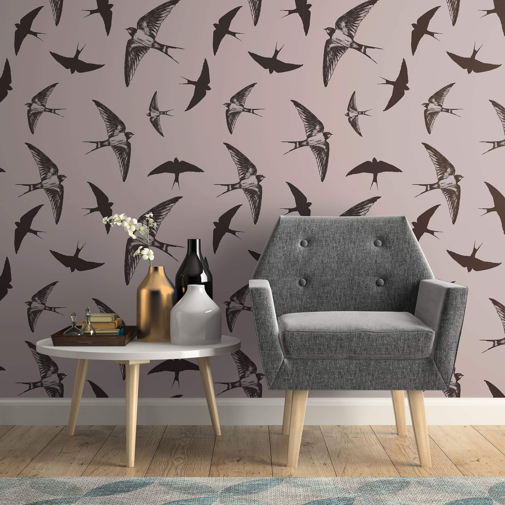Grey and Black Bird Animal Peel and Stick Removable Wallpaper - Self-Adhesive Decorative Wall Covering for Bedroom, Nursery, Living Room, Office Decor