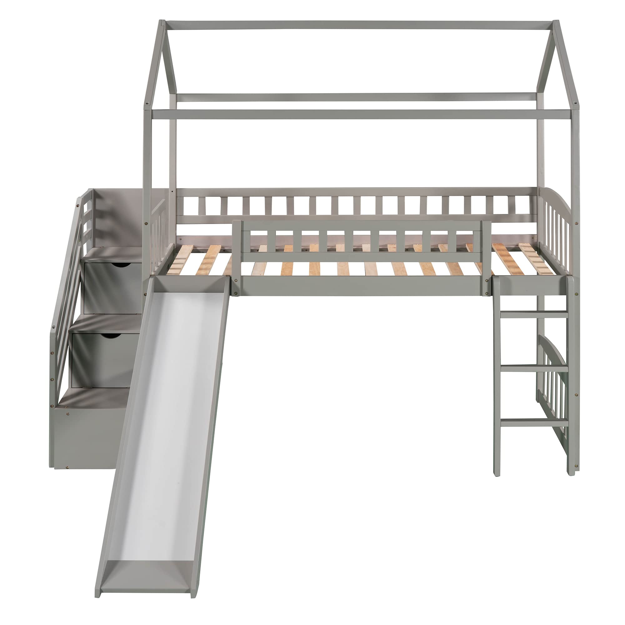 **Kids Loft Bed with Slide & Storage Drawers - Twin Size Wooden Playhouse Bed with Stairway for Boys & Girls - Perfect for Small Bedrooms & Playrooms (Gray)**