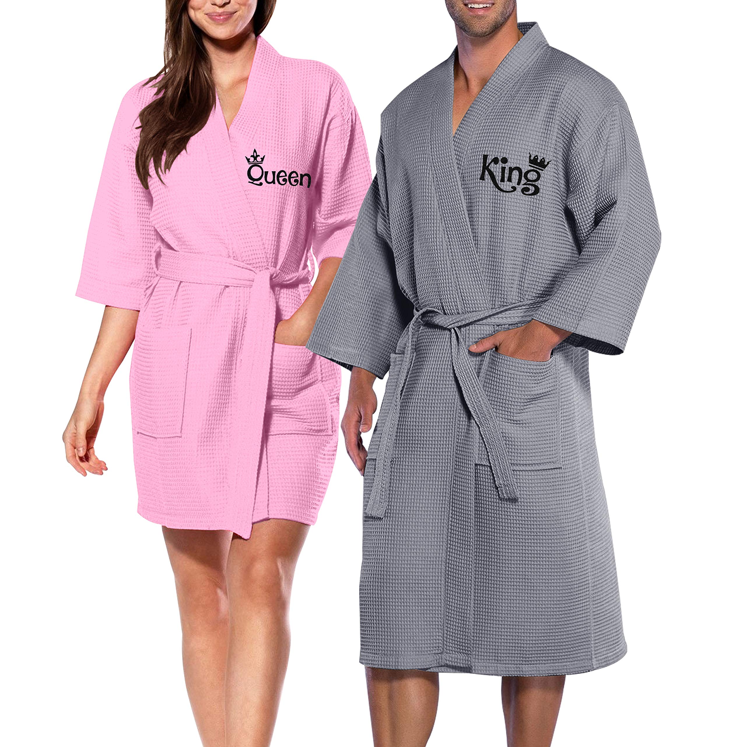 NACRE APPAREL Embroidered Cotton Waffle Robe for Men & Women - Queen/King Size Couples Bathrobe with Spa Kimono Design - Perfect for Honeymoon, Hotel Stay, Bridal Shower, and Relaxing at Home