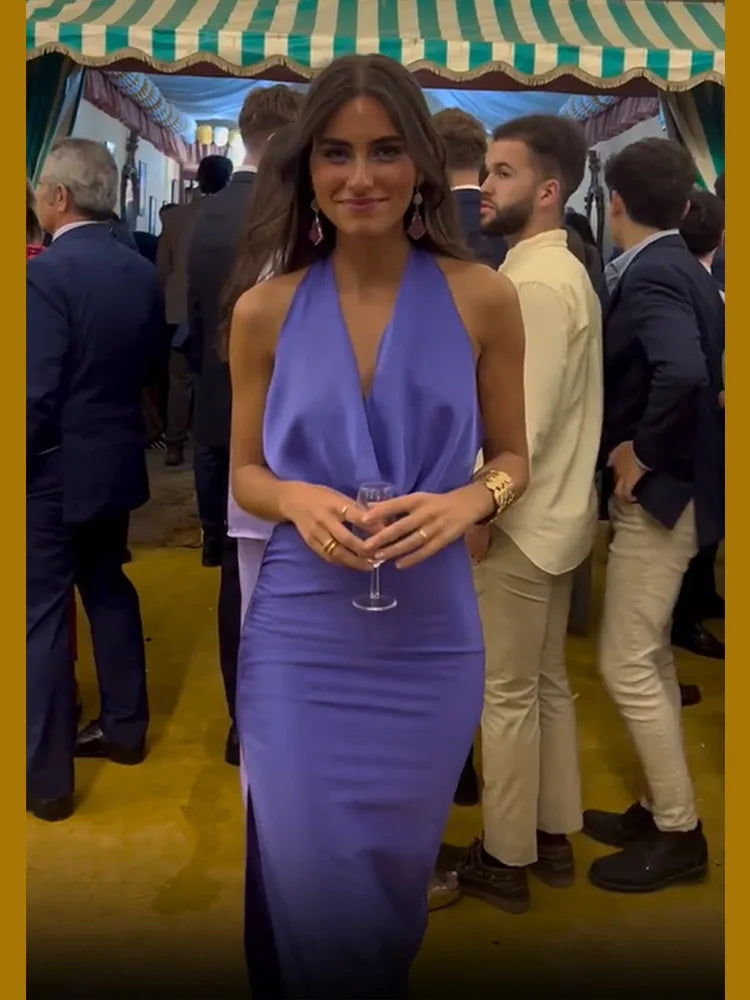 Elegant Purple V-Neck Pleated Sleeveless Mini Dress with Lace-Up Detail - Women's Summer Party Gown for Cocktail, Dinner Date & Special Occasions