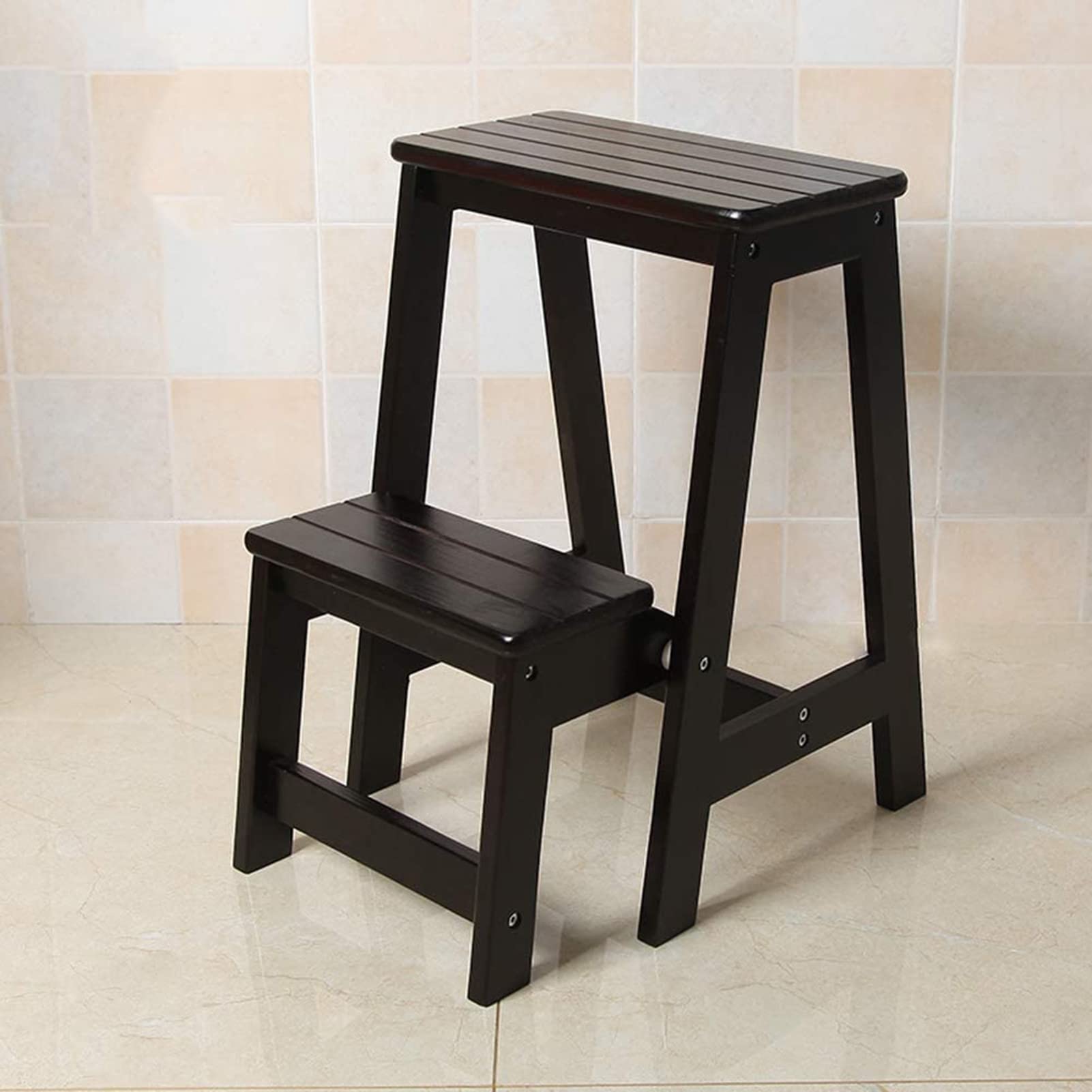 Folding Step Ladder Chair - Sturdy Wooden Foldable Ladder Stool with Shelf | Multi-Functional Library Step Stool, Bookshelf & Plant Stand for Home Storage & Decor | Perfect for Living Room, Bedroom & Garden (White/Black)
