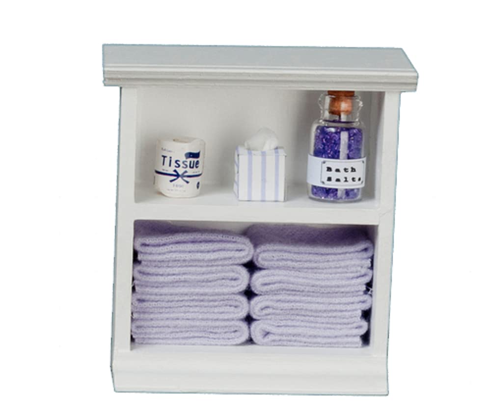 Miniature Dollhouse Furniture - Small Shelf Unit & Lilac Bathroom Accessories Set for Dollhouse Decor, DIY Crafts, and Collectors | Perfect for 1:12 Scale Dollhouses, Miniature Displays, and Gift Ideas