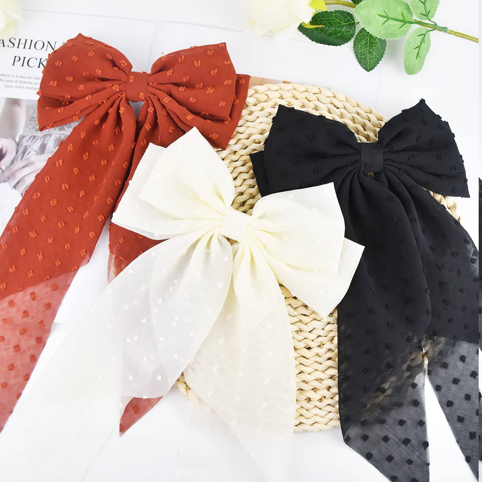 3 Pack Large Hair Bows for Women & Girls - Metal Clip Hair Barrettes with Lace Ribbon, Coquette Aesthetic Hair Accessories for Valentine's Day, Wedding, Birthday & Vacation | Perfect for Parties, Photo Shoots & Everyday Elegant Style