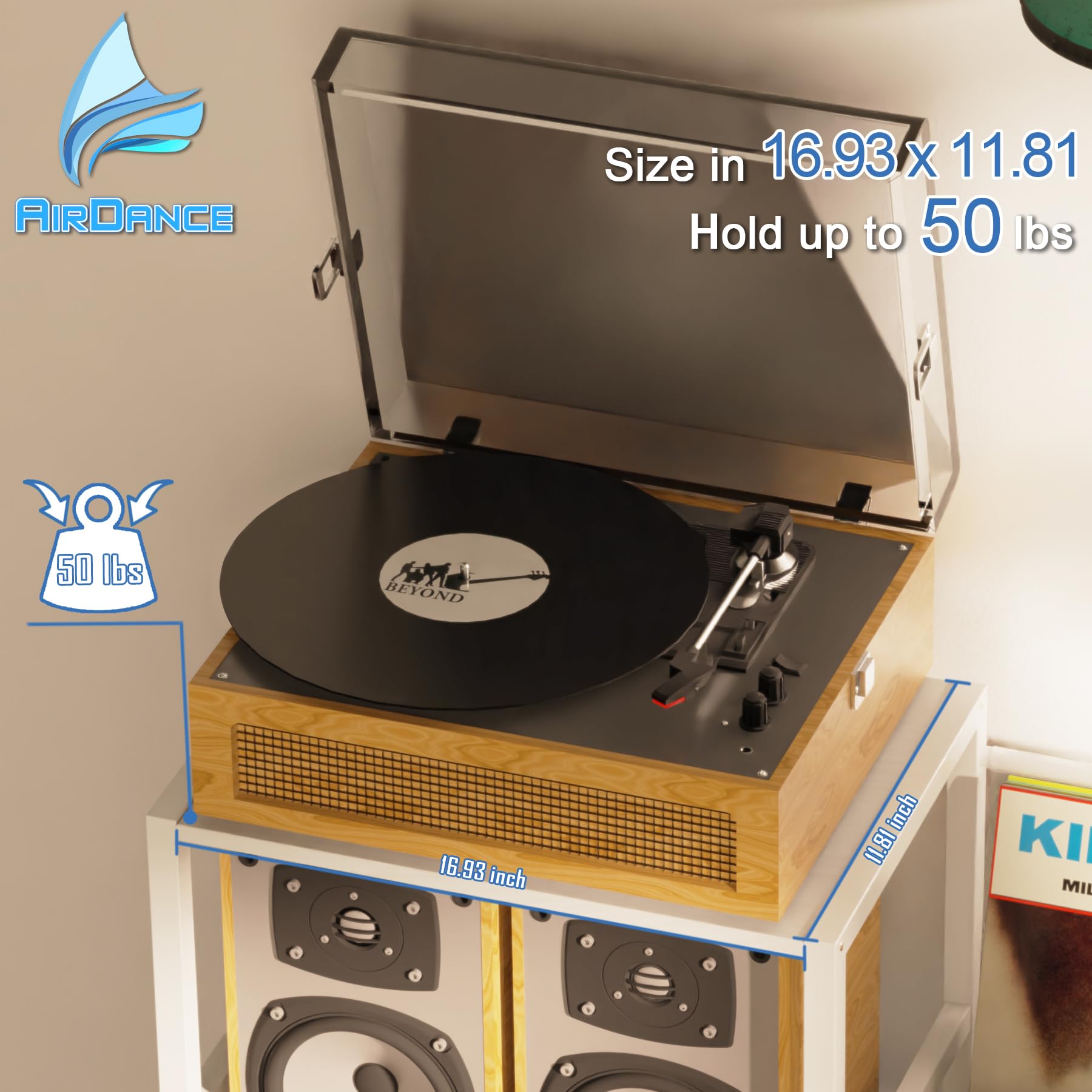 **AIRDANCE Vinyl Record Player Stand with Storage - Turntable Holder & LP Organizer, White - Perfect for Living Room, Bedroom, or Home DJ Setup**
