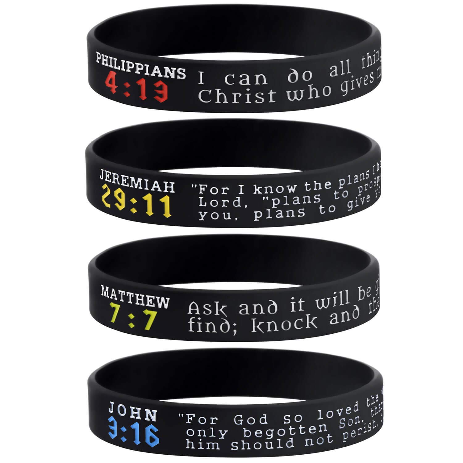 Christian Bible Verse Wristbands - Set of 4 Scripture Bracelets with Philippians 4:13, Jeremiah 29:11, John 3:16 & Matthew 7:7 - Religious Gift for Men & Women - Perfect for Church, Bible Study & Daily Inspiration