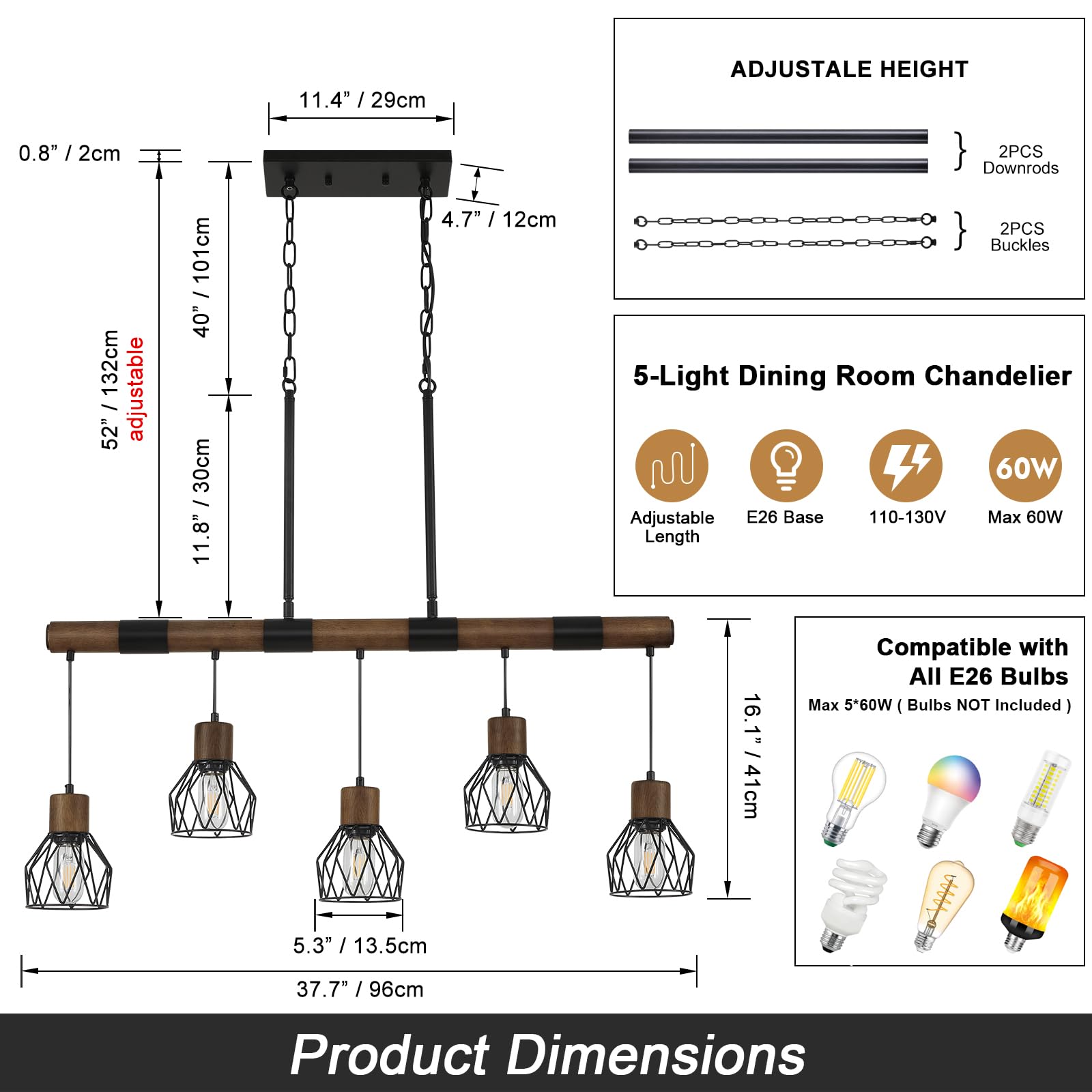 5-Light Kitchen Island Lighting Fixture - Farmhouse Linear Chandelier for Dining Room - Matte Black Rustic Wood Ceiling Pendant with Metal Lampshade - Perfect for Kitchen Islands, Dining Tables, and Farmhouse-Style Decor