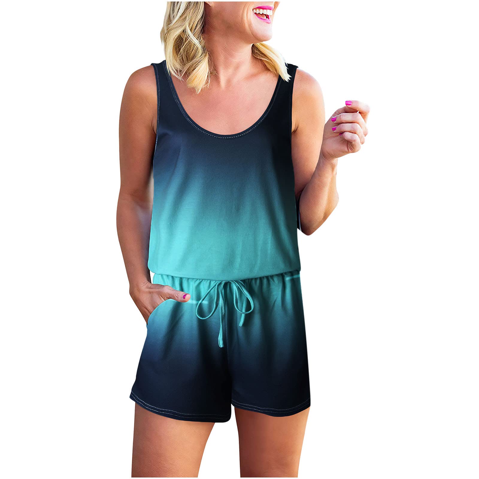 FAVIPT Women's Sleeveless Striped Jumpsuit with Drawstring Waist & Pockets - Summer Beach Romper Shorts Outfit for Vacation, Pool Party, and Casual Wear
