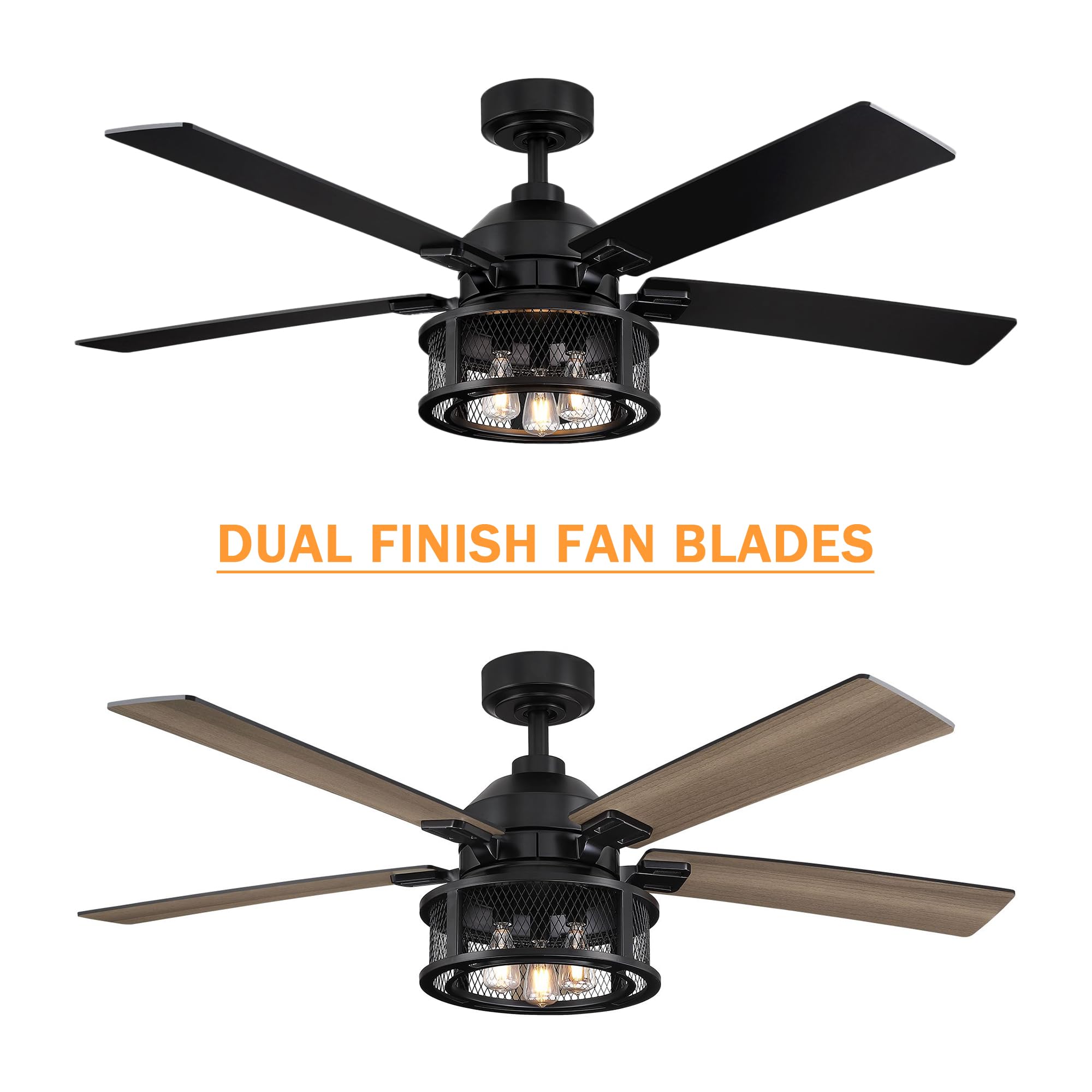 52 Inch Black Farmhouse Ceiling Fan with Remote Control, LED Light and Reversible Blades - Rustic Indoor/Outdoor Ceiling Fan for Bedroom, Living Room, Patio - Perfect for Home Cooling and Stylish Decor