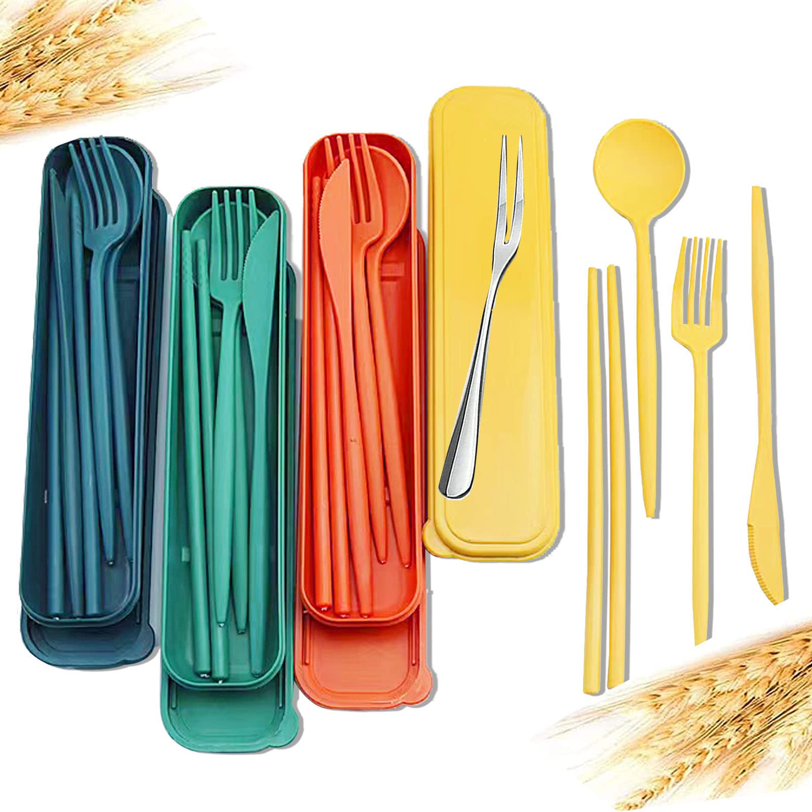 4-Piece Eco-Friendly Wheat Straw Cutlery Set - Reusable Spoon, Fork & Chopsticks with Travel Case | BPA-Free Portable Utensils for Lunch Box, Travel, Picnic, Camping & Office Use (4 Color Options)