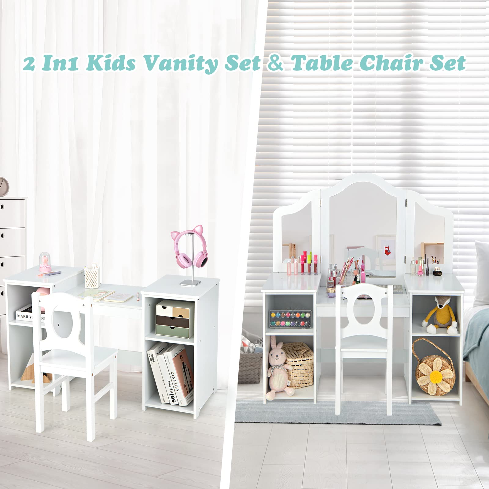 INFANS Kids Vanity Set - 2-in-1 Princess Makeup Desk & Chair with Tri-Folding Mirror, Large Storage Shelves, Wooden Pretend Play Dressing Table for Girls - Perfect for Birthday Gifts & Bedroom Decor