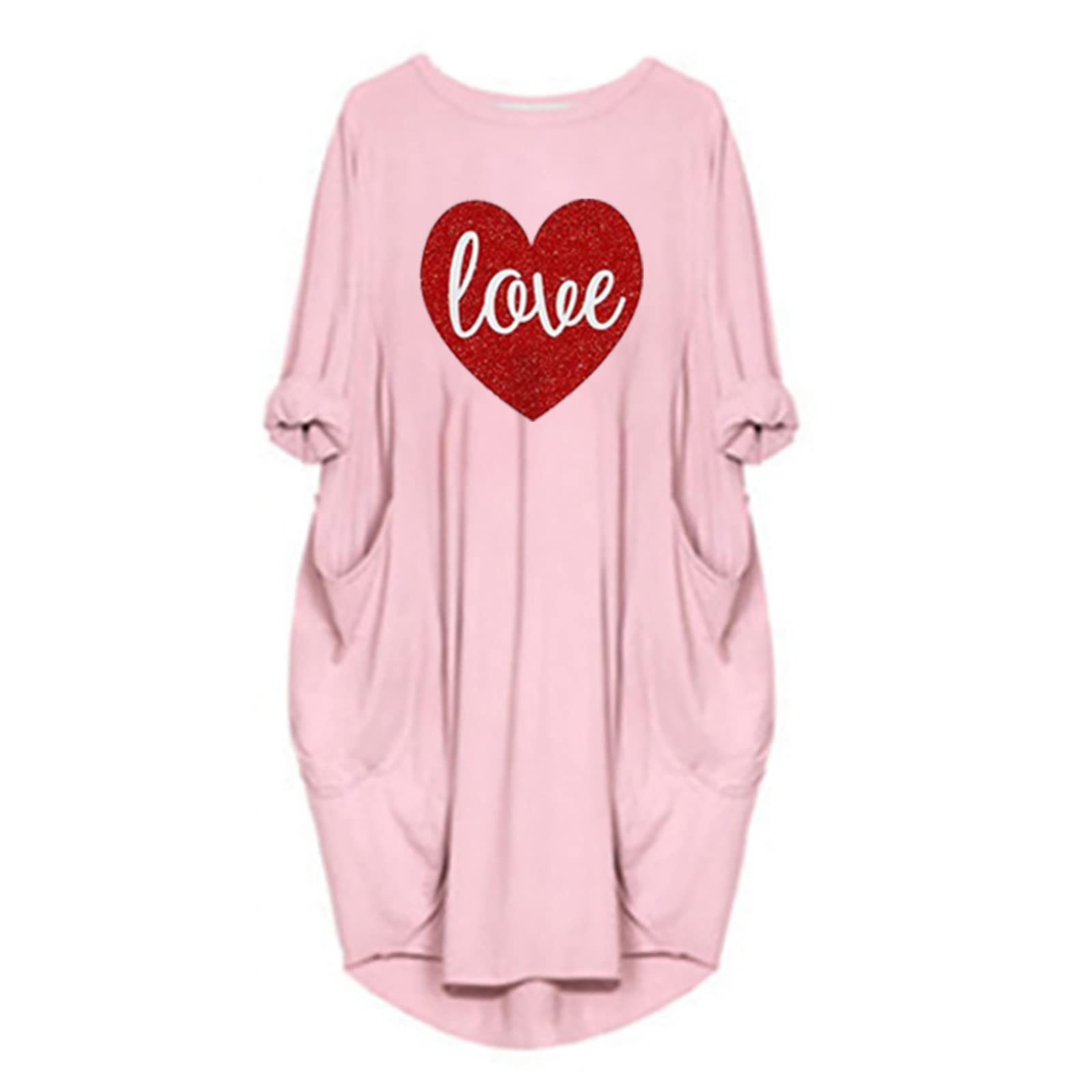 BFAFEN Women's Plus Size Valentine Print Dress - Round Neck Long Sleeve Casual Loose Fit Dress with Pockets for Valentine's Day, Date Night & Special Occasions