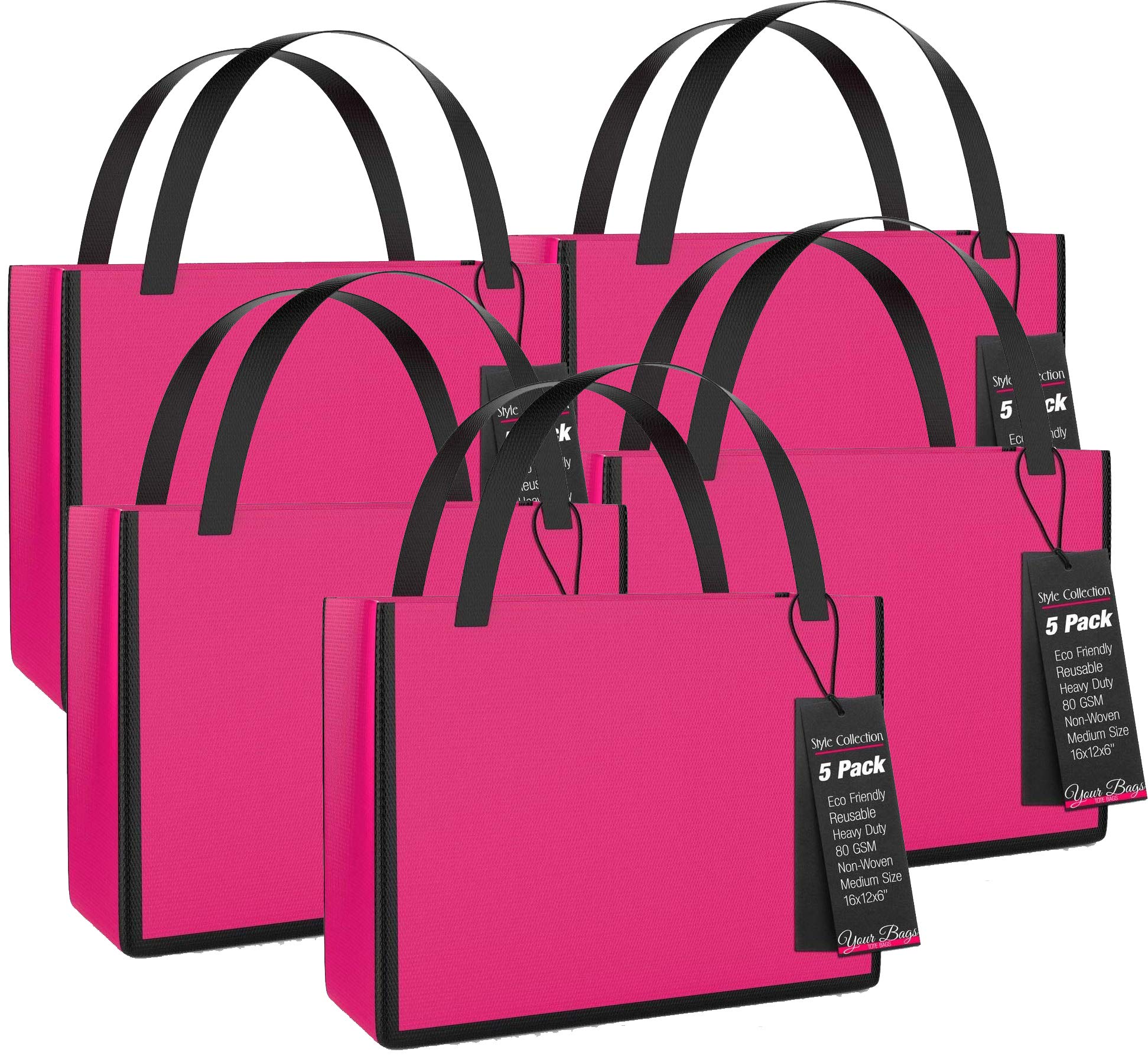 Eco-Friendly Reusable Tote Bags 5-Pack - Stylish Fuchsia Shopping Bags for Groceries, Shoes & Accessories - Lightweight Travel Tote (16