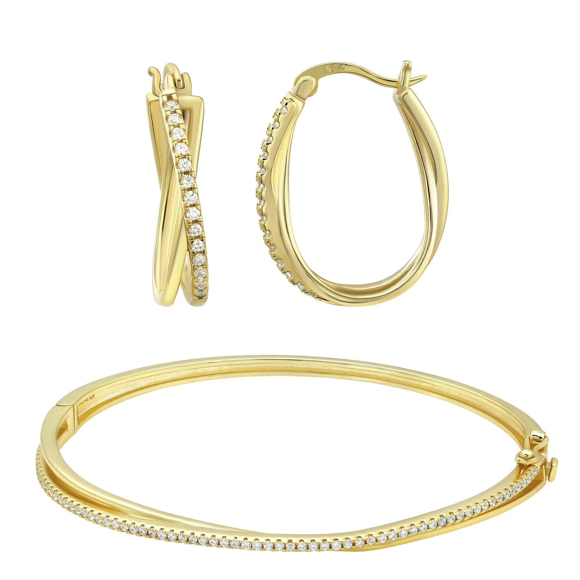 14K Gold Plated Sterling Silver Round Simulated Diamond Bangle & Earring Set - Elegant Jewelry Gift for Women, Perfect for Weddings, Anniversaries and Special Occasions