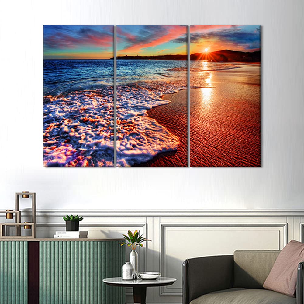 3-Piece Beach Sunset Canvas Wall Art - Ocean Coastline Landscape Painting for Living Room Decor, Framed & Ready to Hang (60