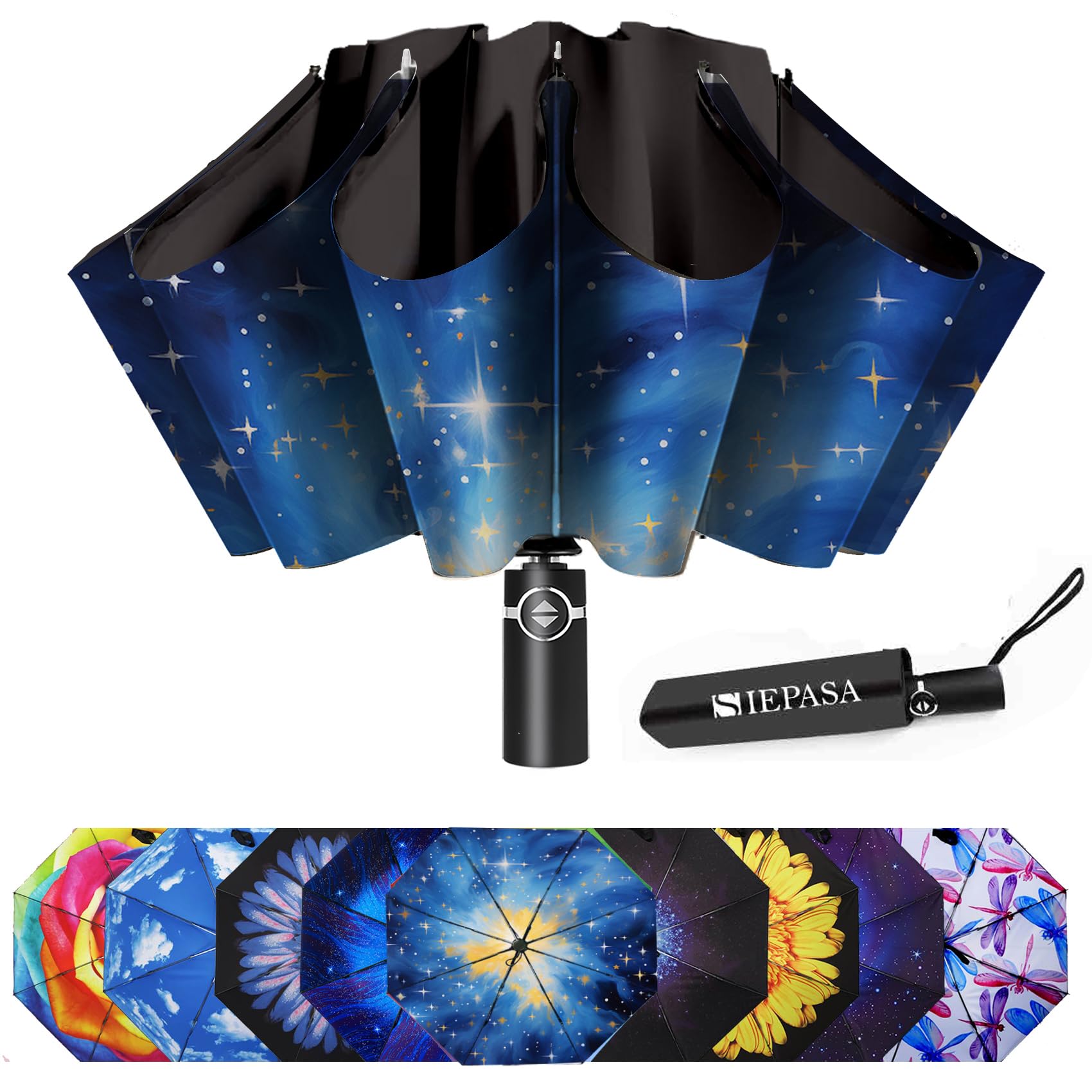 SIEPASA Windproof Reverse Folding Umbrella - Compact Automatic Travel Umbrella for Rain & Sun Protection - Perfect for Commuting, Walking Dogs & Outdoor Activities - Ideal for Women & Men