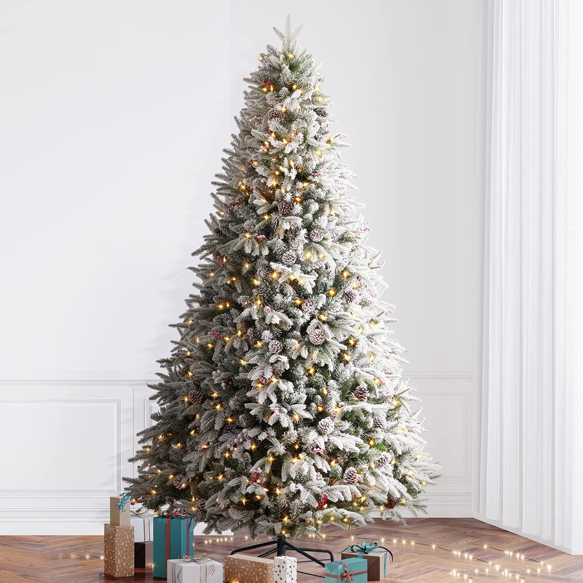 7.5FT Pre-Lit Snow Flocked Christmas Tree with Pine Cones & Berries - 1386 PVC/PE Branch Tips, Foldable Metal Stand - Indoor/Outdoor Holiday Decor for Living Room, Office & Party