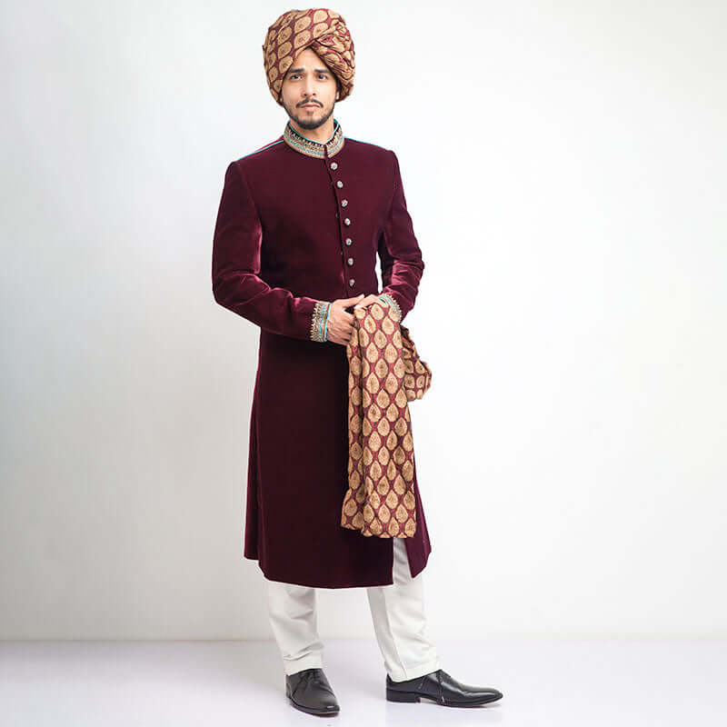 Deep Maroon Velvet Sherwani for Men - Slim Fit Indian Wedding Suit | Perfect for Groom Outfit, Festive Occasions & Cultural Events