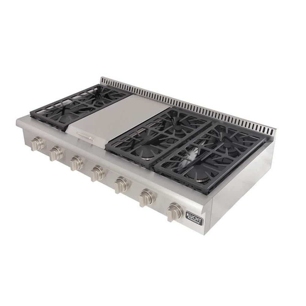 Kucht KRT481GU-S 48 Inch Professional Natural Gas Range Top with Sealed Burners & Stainless Steel Griddle - Classic Silver Knobs | Perfect for Commercial Kitchens, Restaurants & Home Chefs