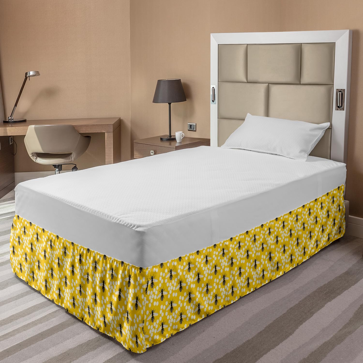 Ambesonne Queen Bee Elastic Bed Skirt - Striped Buzzing Flies Continuous Print Wrap Around Dust Ruffle | Full Size Mustard Charcoal Grey | Perfect for Bedroom Decor & Bee-Themed Home Styling