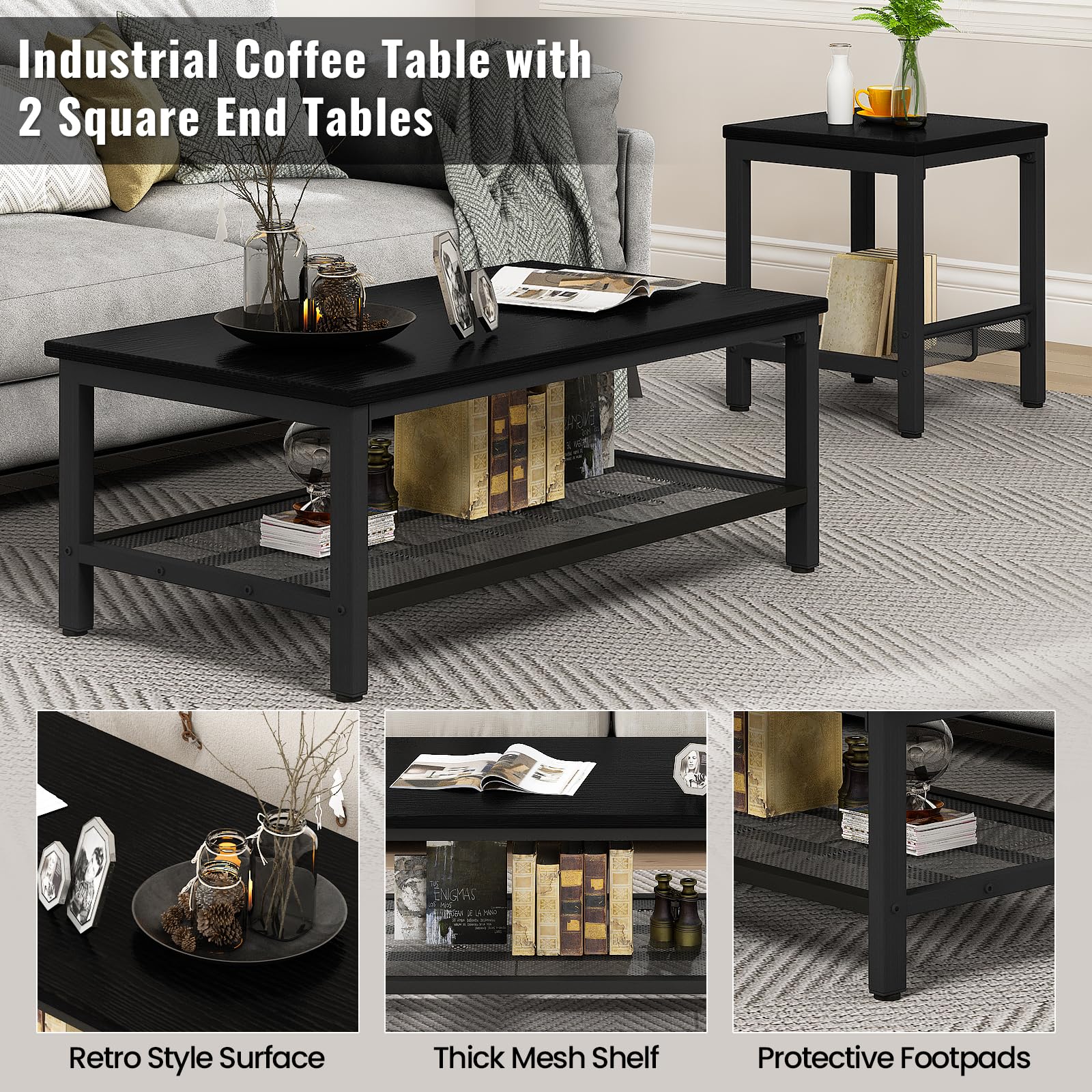 AWQM 3-Piece Industrial Coffee Table Set with 2 Square End Tables - Modern Metal Frame Living Room Furniture for Apartment, Home Office - Black | Perfect for Small Spaces, Entertaining Guests & Stylish Home Decor