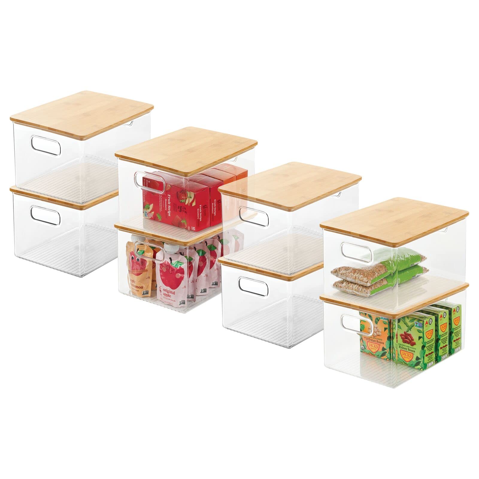 mDesign Plastic Stackable Kitchen Pantry Cabinet Organizer - 8-Pack Clear/Natural Food Storage Bins with Bamboo Lids & Built-In Handles - Perfect for Organizing Fruits, Snacks, Pasta & Jars in Pantry, Cabinet or Countertop - Ligne Collection