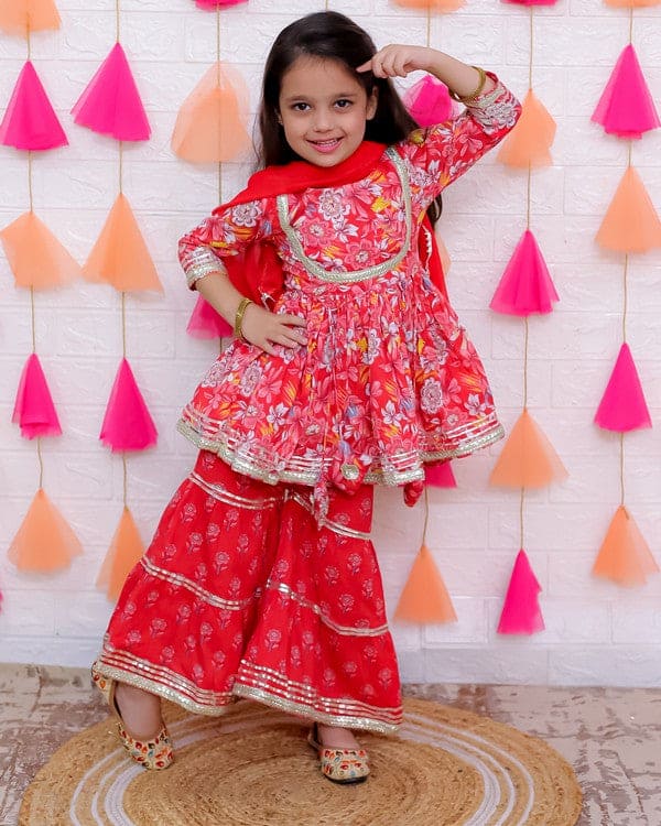 Stylish Cotton 3/4 Sleeve Zari Embroidered Kurti Set with Sharara & Dupatta in Red | Indian Ethnic Wear for Weddings, Festivals & Special Occasions