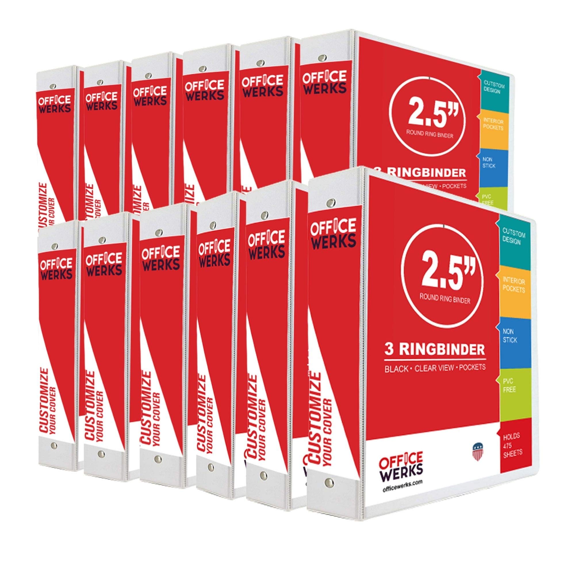 Performore 3 Ring Binder 2.5 Inch - 12 Pack Professional Round Ring Binders with Clear View Cover, Inside Pockets for Standard Letter Size Papers - Ideal for Office, School, Presentations and Document Organization
