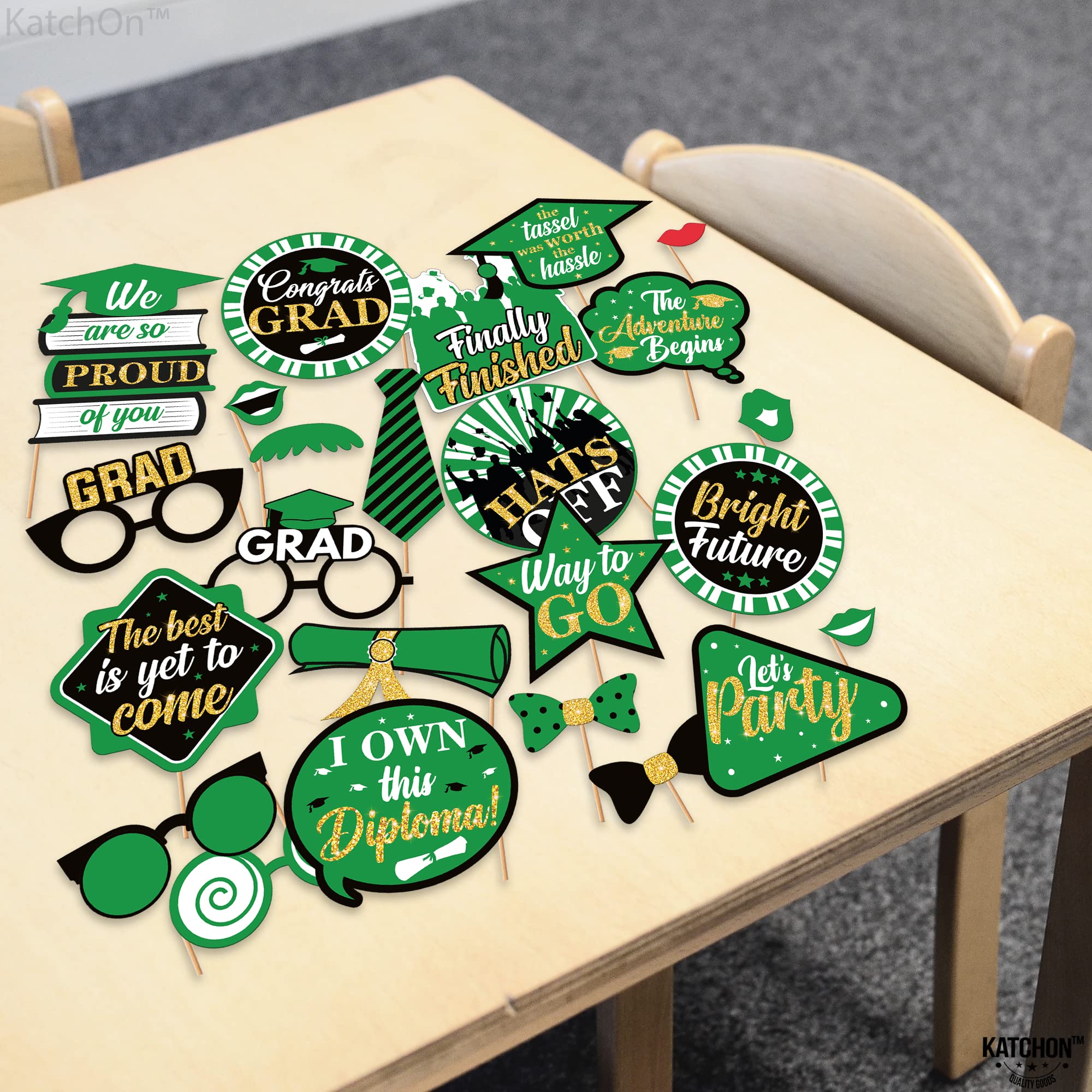 KatchOn 2025 Graduation Photo Booth Props - 30-Piece Glitter Decor Set (Black & Green) | Class of 2025 Party Supplies for Graduation Photoshoots, Ceremony Backdrops & Senior Night Celebrations