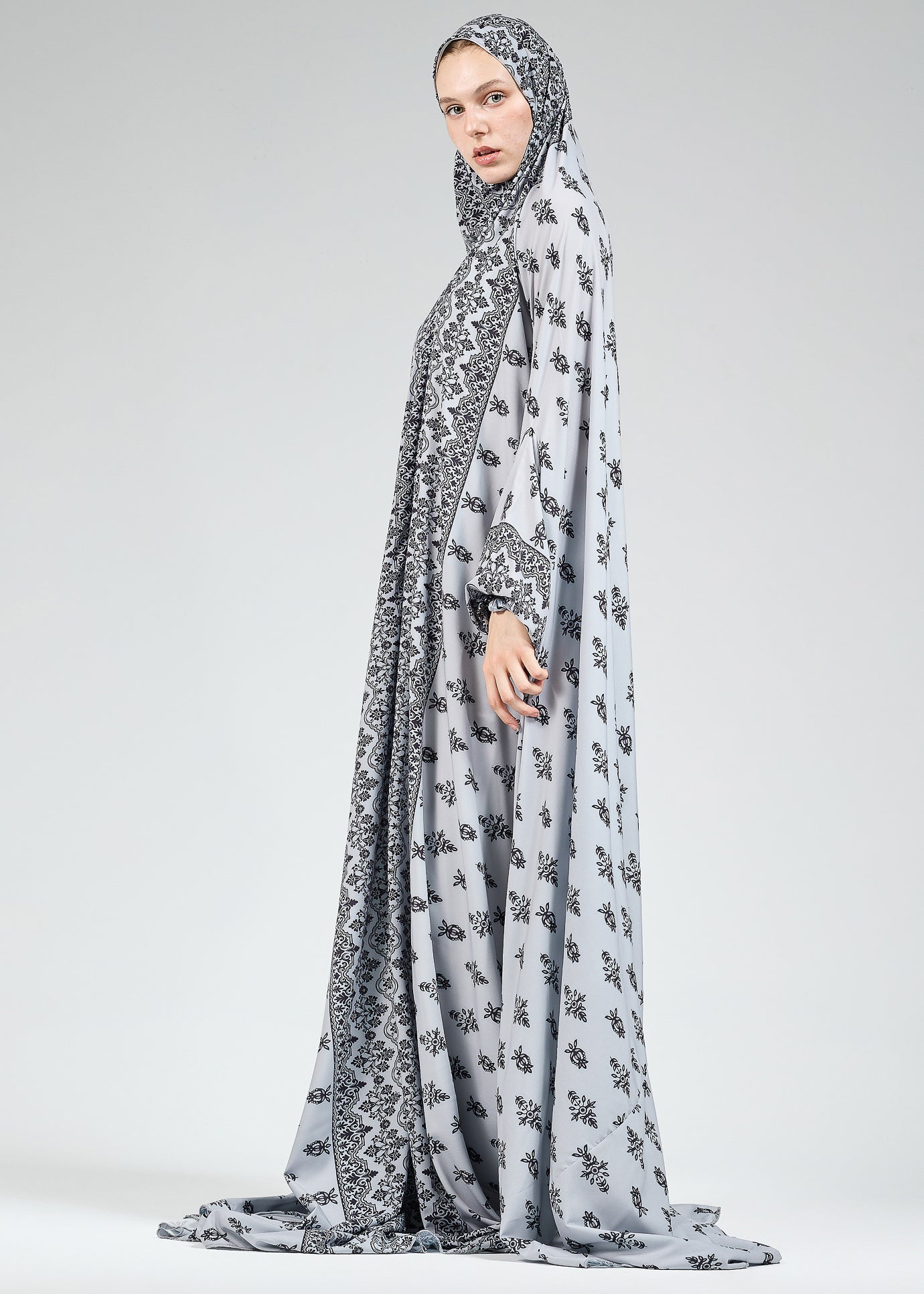 Elegant Black and White Floral Satin Gown Dress with Elastic Cuffs - Perfect for Evening Parties, Weddings & Special Occasions