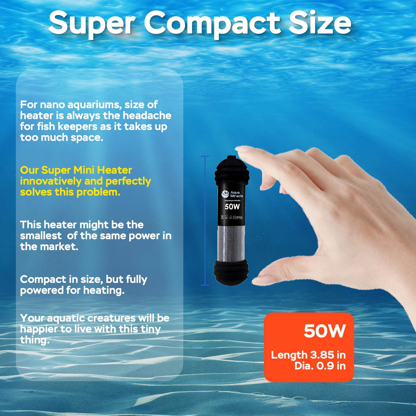 AquaMiracle 50W Small Aquarium Heater with Dual LED Display - Fish Tank Heater for 5-10 Gallon Tanks - Super Mini Turtle Tank Heater with Dry-Run & Overheating Protection - Memory Function - Perfect for Home, Office or Classroom Aquariums