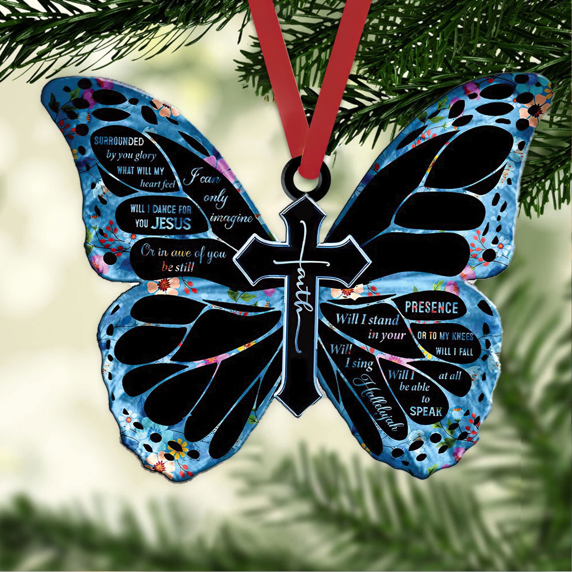 Blue Butterfly Faith Jesus Cross Christian Car Mirror Charm - 2D Flat Hanging Pendant for Rearview Decor, Christmas Tree Ornament & Gift (Perfect for Car Interior, Holiday Decorations & Religious Gifts)