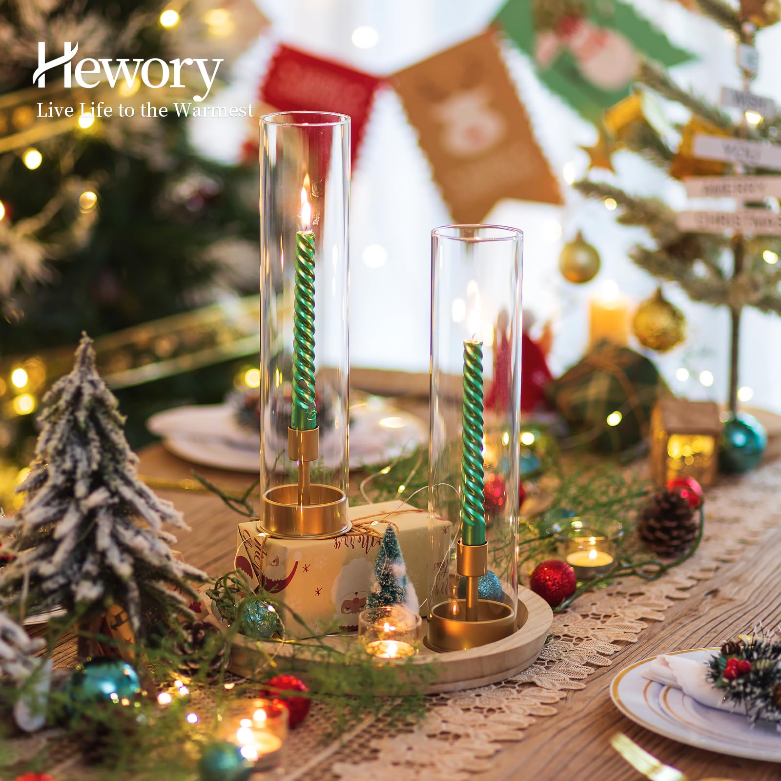 Hewory 2-Pack Gold Hurricane Taper Candle Holders - Elegant Glass Candlesticks for Wedding Centerpieces, Party Decor, Christmas Home Decor | Perfect for Dining Table, Mantel, and Event Decorations