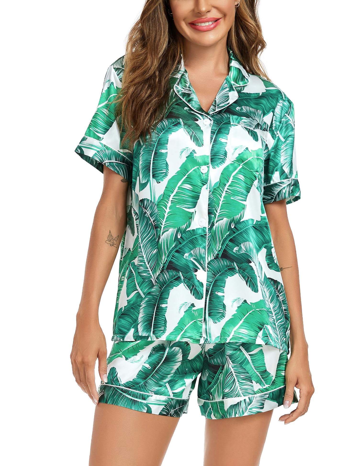 SWOMOG Couple Matching Pajamas Sets - Women & Men's Silk Button Down PJS Short Sleeve Soft Lounge Wear 2-Piece Set | Romantic Sleepwear, Anniversary Gifts, Valentine's Day Outfits