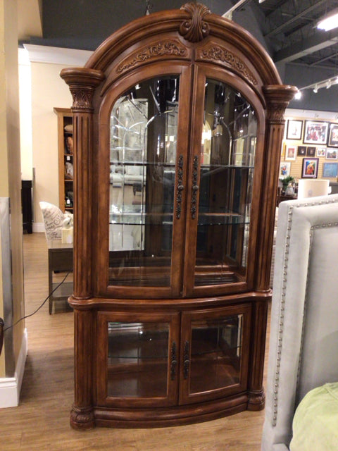 Vintage Dark Wood Two-Piece Glass Front China Cabinet with Top Trim Cracks - Antique Display Cabinet for Dining Room, Living Room, or Collectibles Showcase