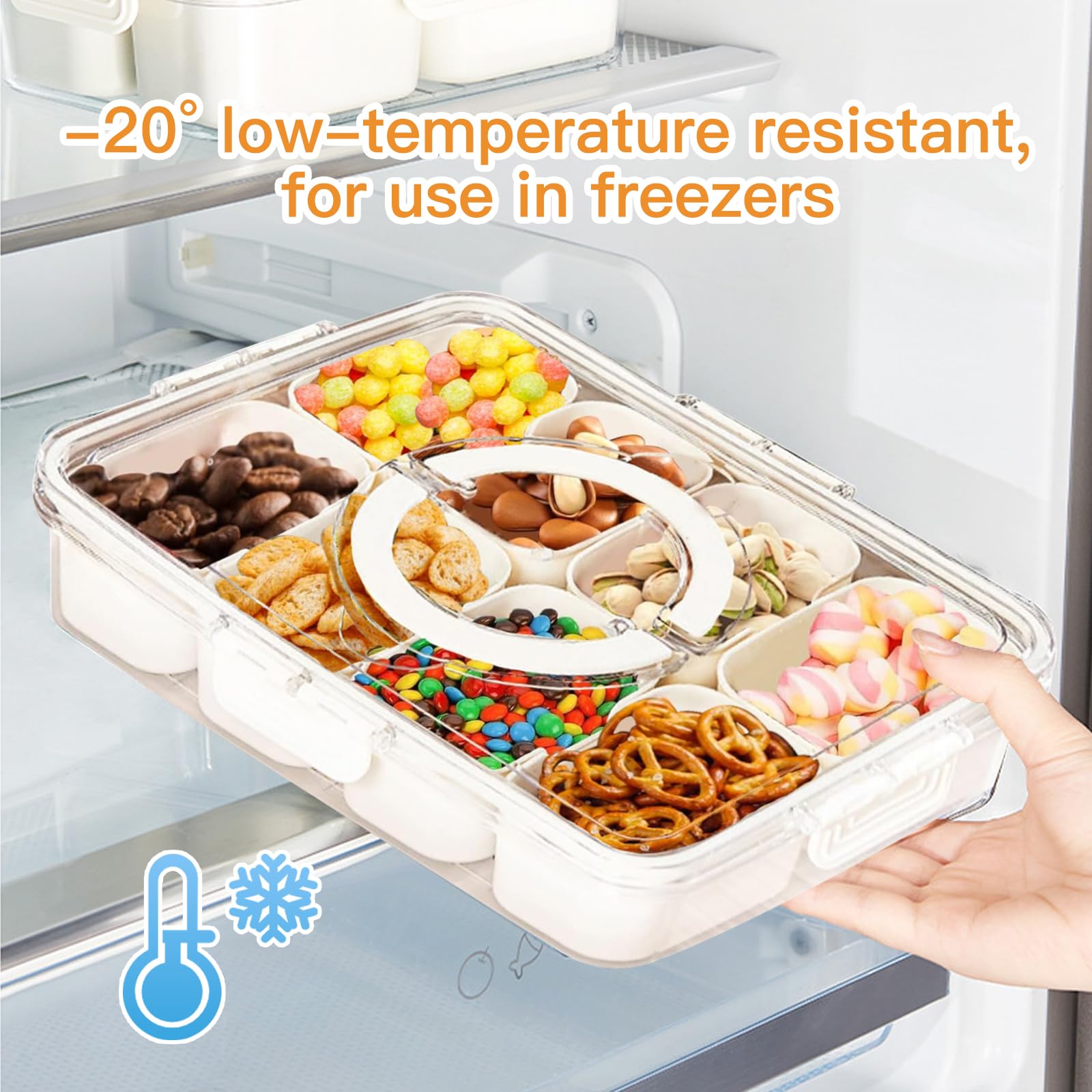 SESAMELESS 8-Compartment Snack Tray with Lid & Handle - Portable Divided Food Container for Snacks, Veggies, Candy & Spices - Perfect for Kitchen, Fridge, Picnics & Parties