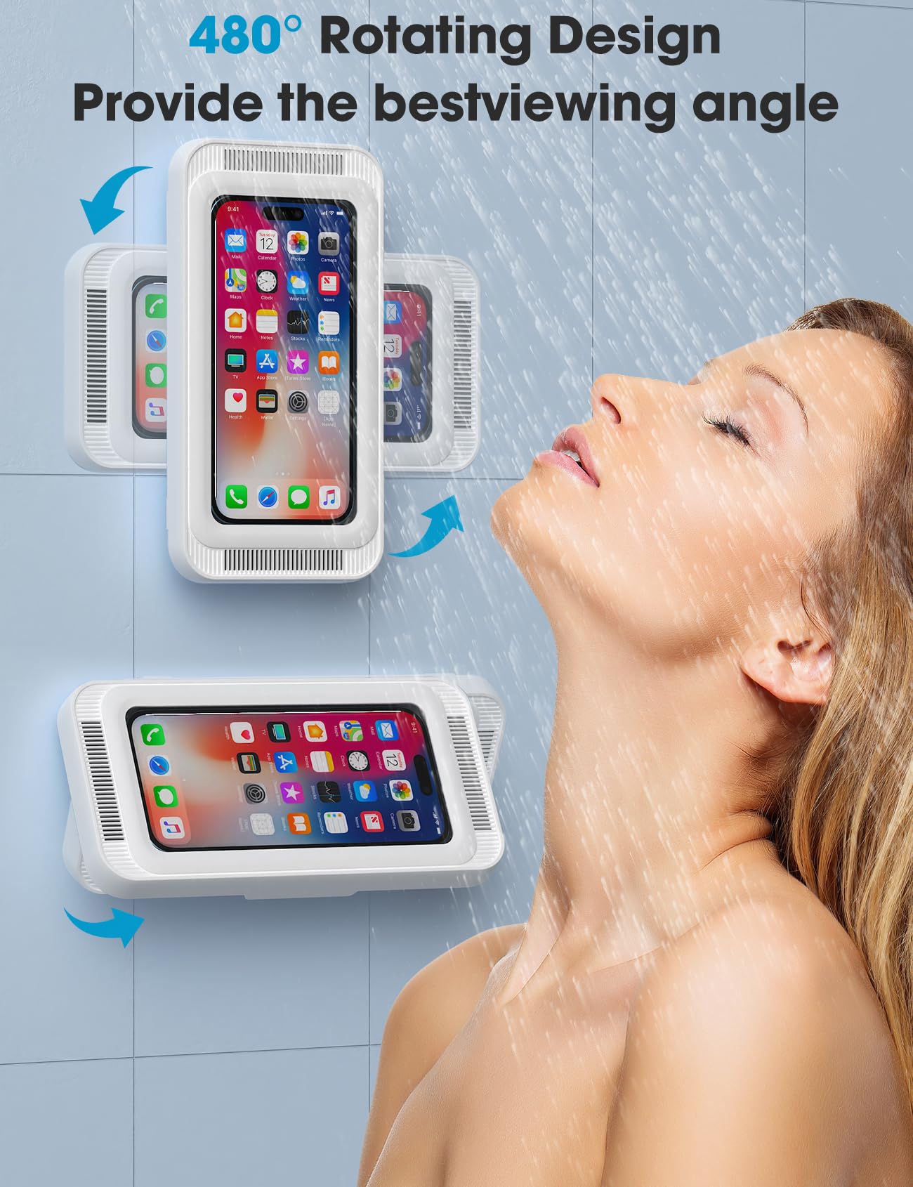 KUNSLUCK Waterproof Shower Phone Holder with 480° Rotation - Universal Wall Mount Stand for iPhone & Android (4-7 Inch) - Bathroom, Mirror, Bathtub & Kitchen Use - Crystal Clear Sound Quality