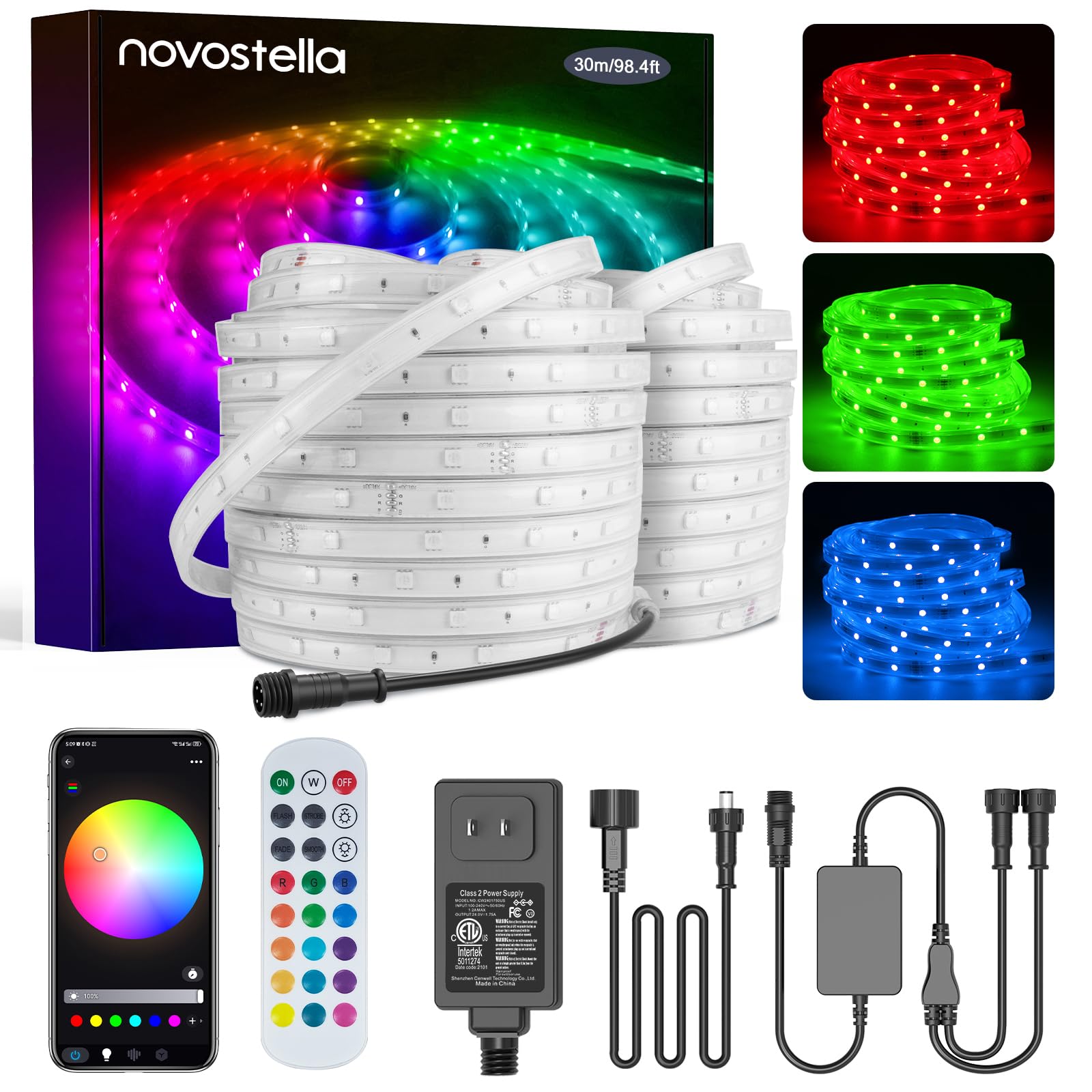Novostella 98.4ft Smart LED Outdoor Rope Light - 49.2ft x 2 RGB Color Changing Strip Lights with Music Sync, App & RF Remote Control, Dimmable 24V IP65 Waterproof Exterior Lighting - Perfect for Garden, Stairs, Party, Patio & Landscape Decoration